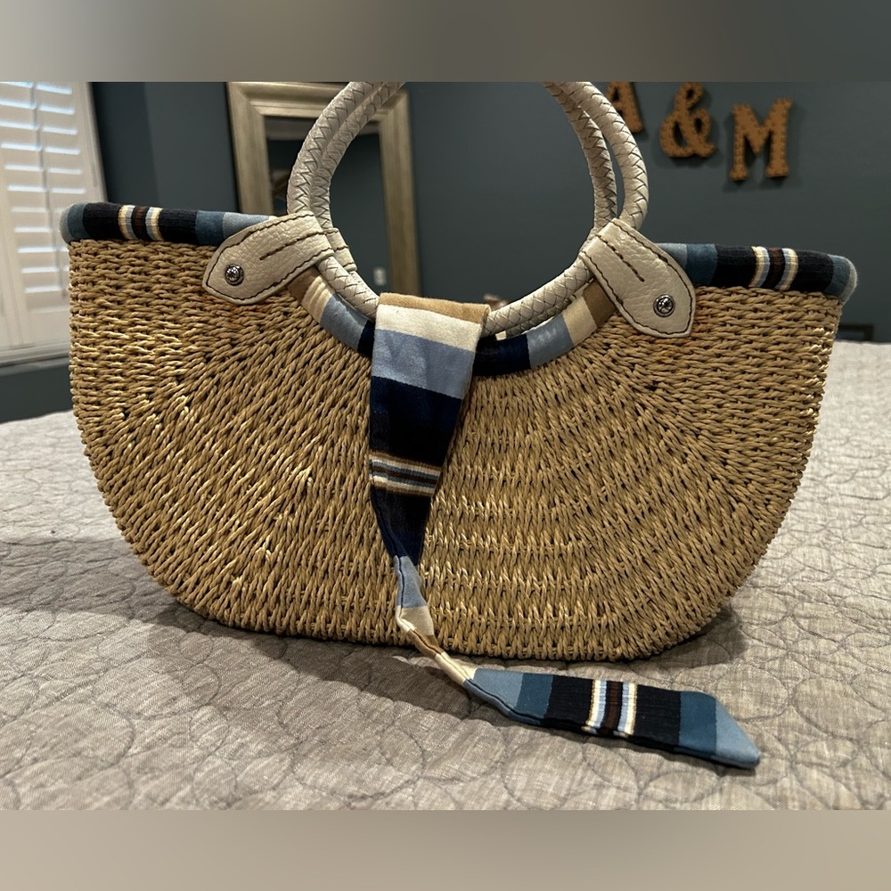 VINTAGE BRIGHTON COLLECTIBLES STRAW HANDBAG WHITE/NAVY BLUE STRIPE INTERIOR - Picture 3 of 14